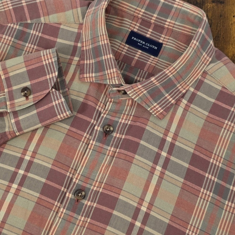 Proper Cloth Long Sleeve Button Up Muted Red‎ Green Plaid Lightweight Sz M Slim
